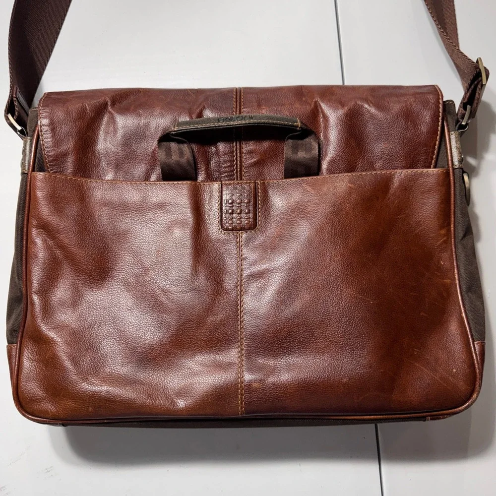 Boconi Messenger Bag Brown Leather Canvas Laptop Case Dark Academia